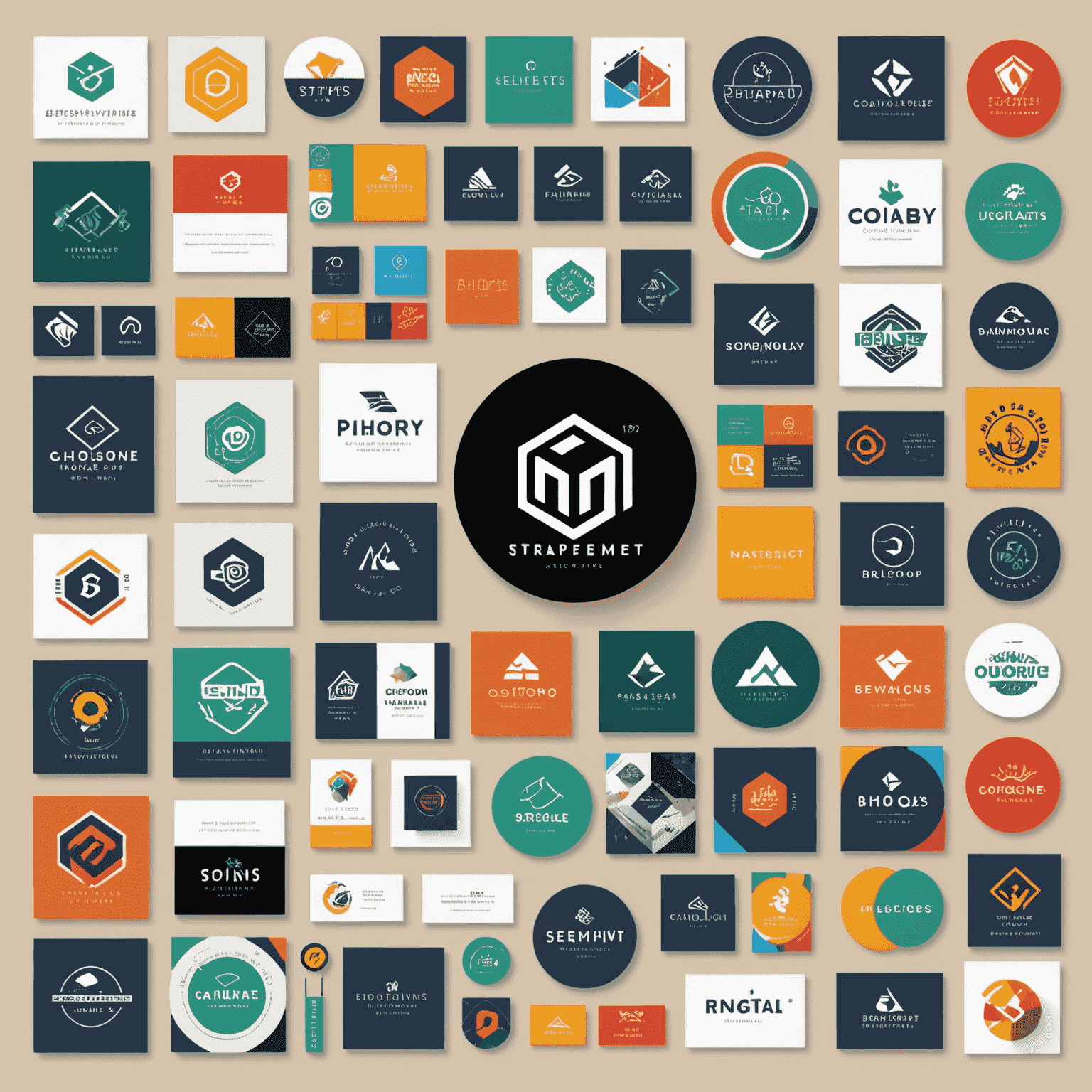 Dynamic collage showcasing various branding elements: logos, color palettes, and typography samples for startups and enterprises