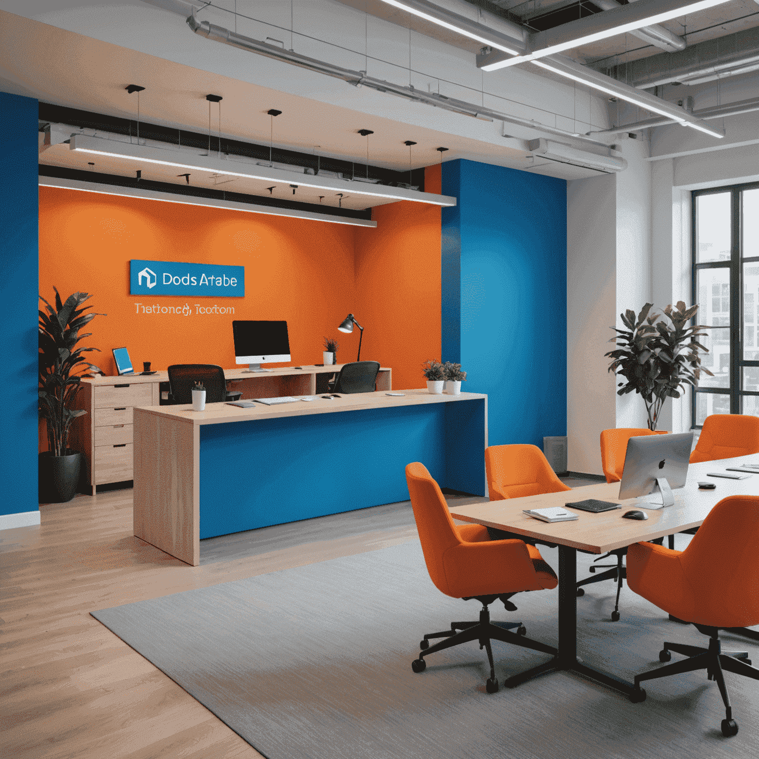A modern, sleek office space with vibrant orange and blue accents, showcasing the rebranded environment of a successful tech startup