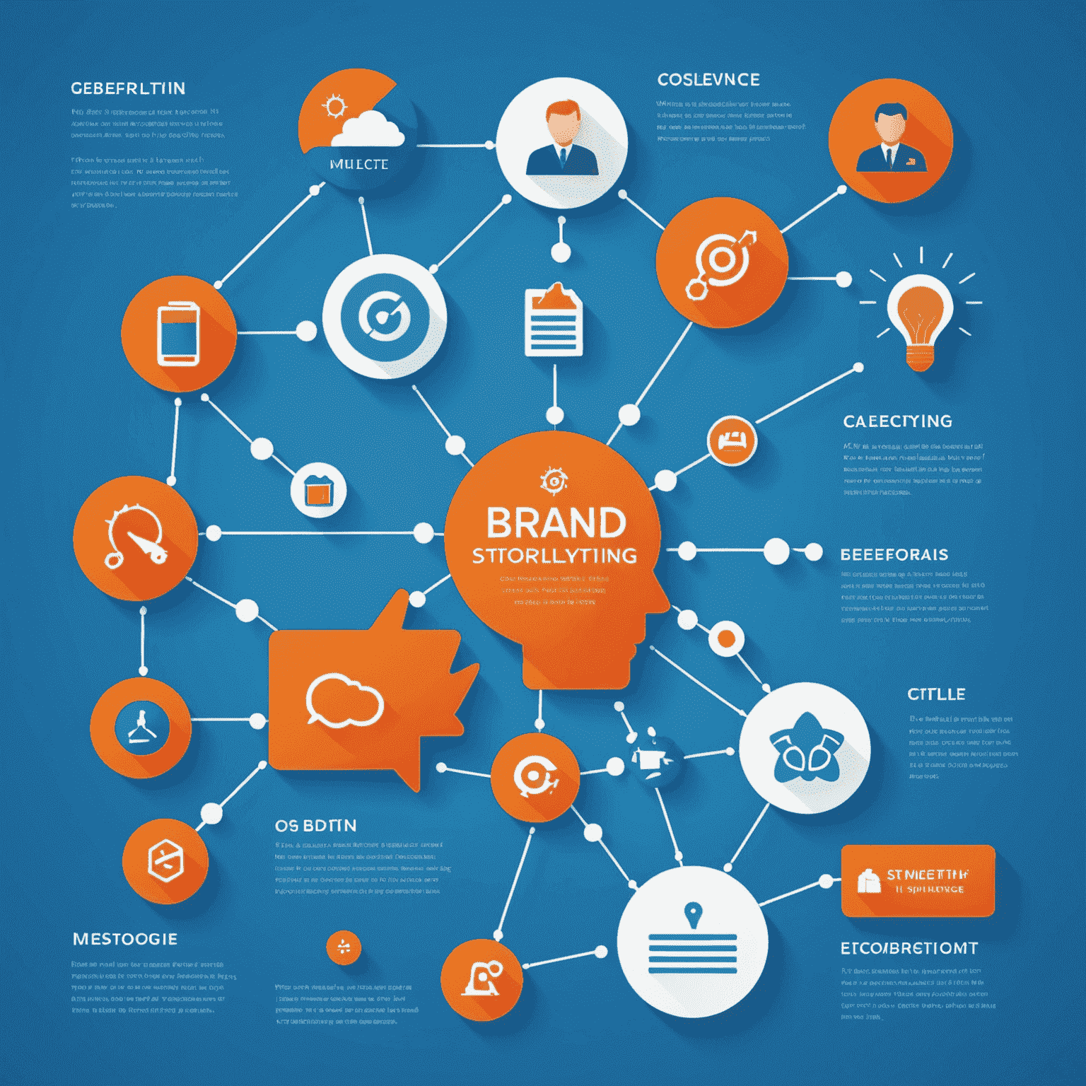 A vibrant infographic showing the elements of effective brand storytelling, including character, conflict, and resolution, with icons representing each element. The image uses the website's color scheme of electric blue, bright orange, and white.