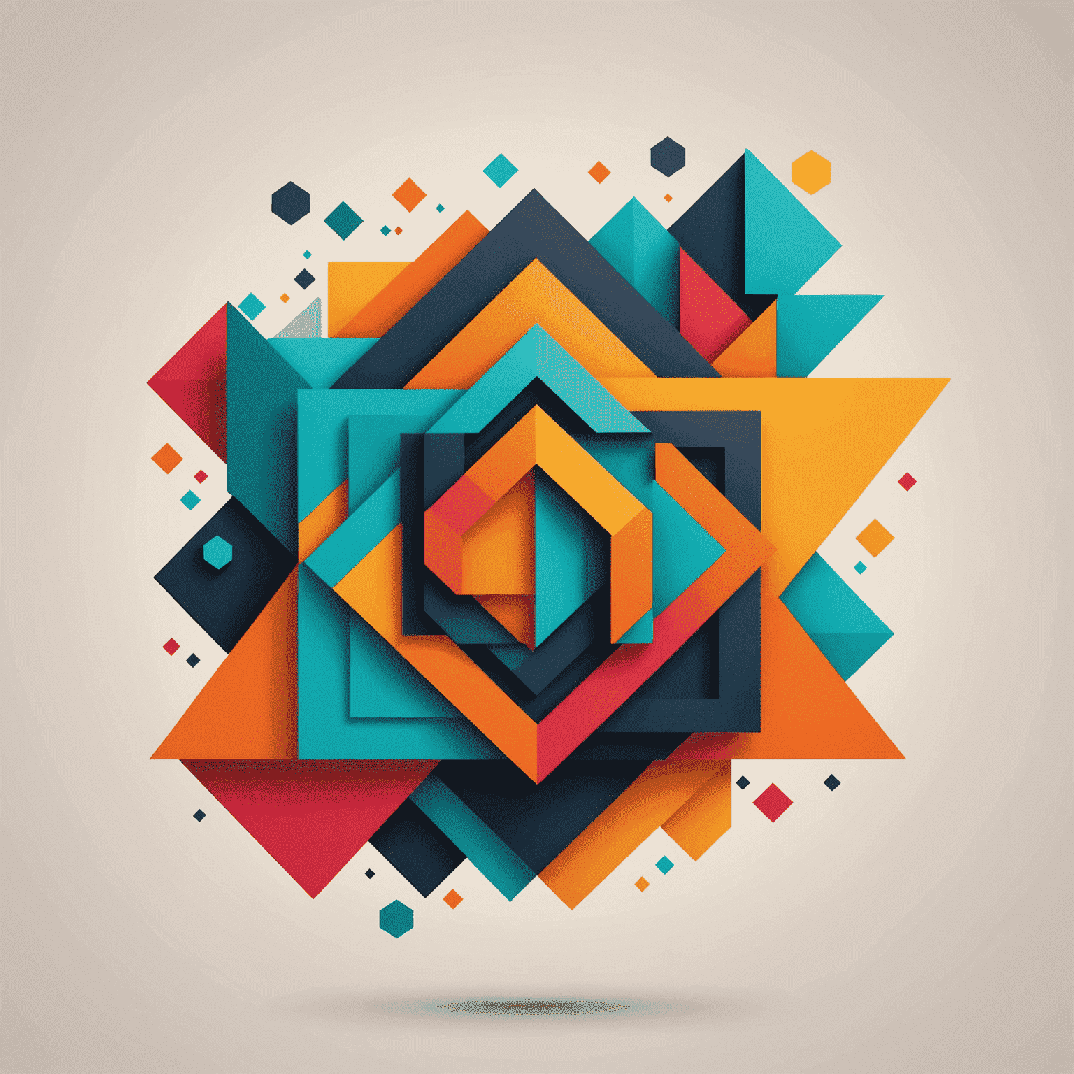 Abstract representation of a modern logo design process, showing various geometric shapes and vibrant colors coming together to form a cohesive brand mark