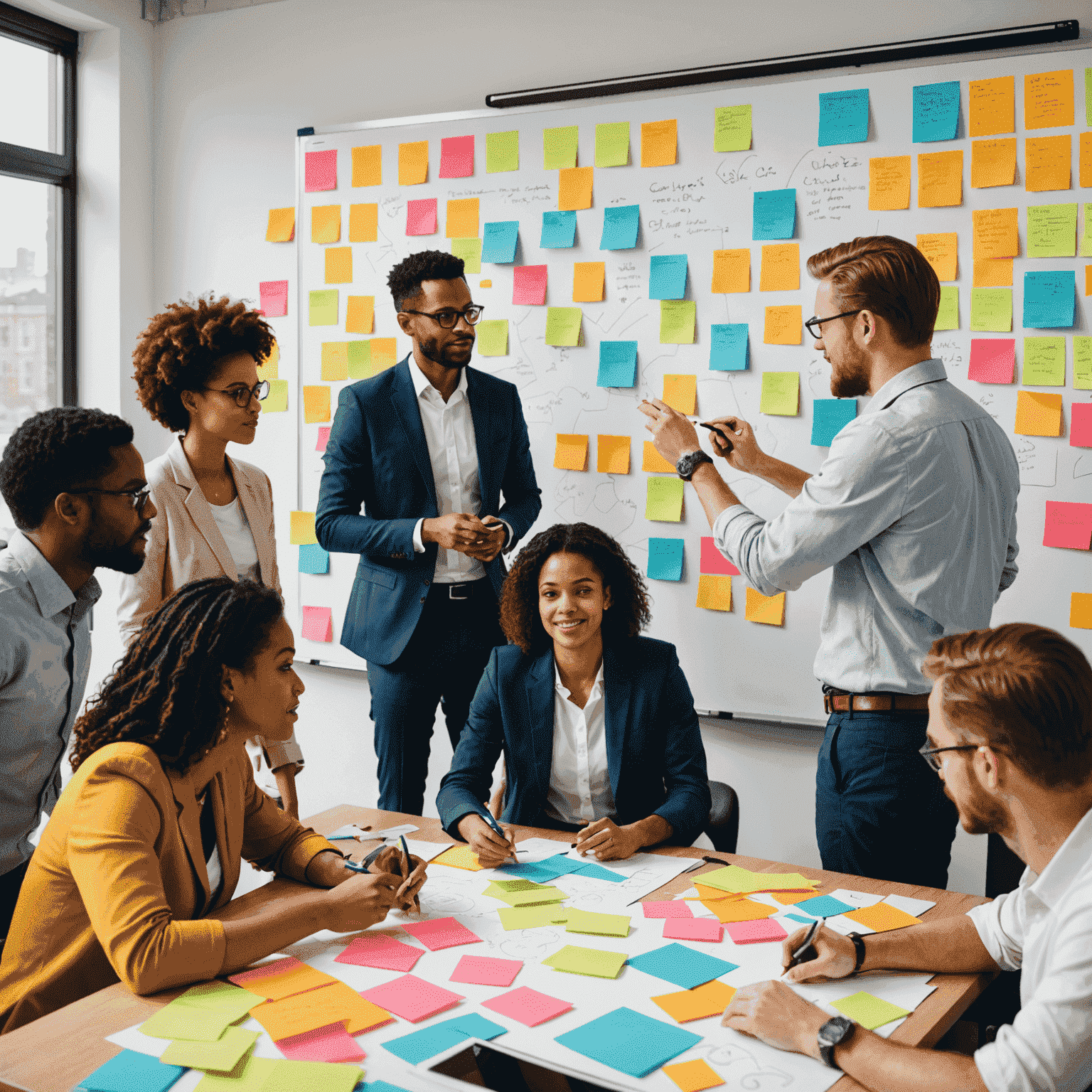 A team of diverse professionals brainstorming brand strategy ideas on a large whiteboard filled with colorful sticky notes, diagrams, and mind maps.