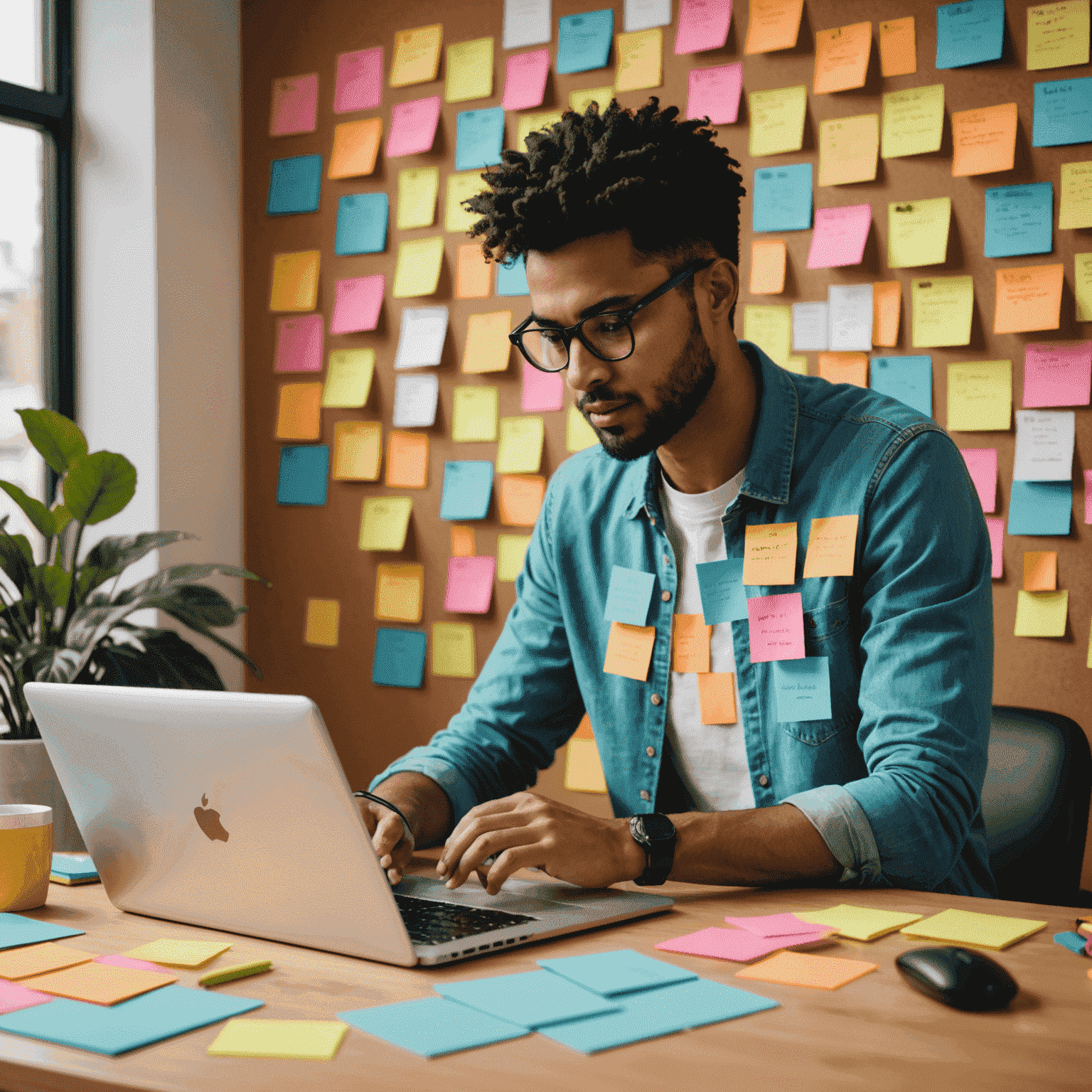 A creative copywriter crafting compelling brand messages on a sleek, modern laptop surrounded by colorful sticky notes with keywords and brand elements