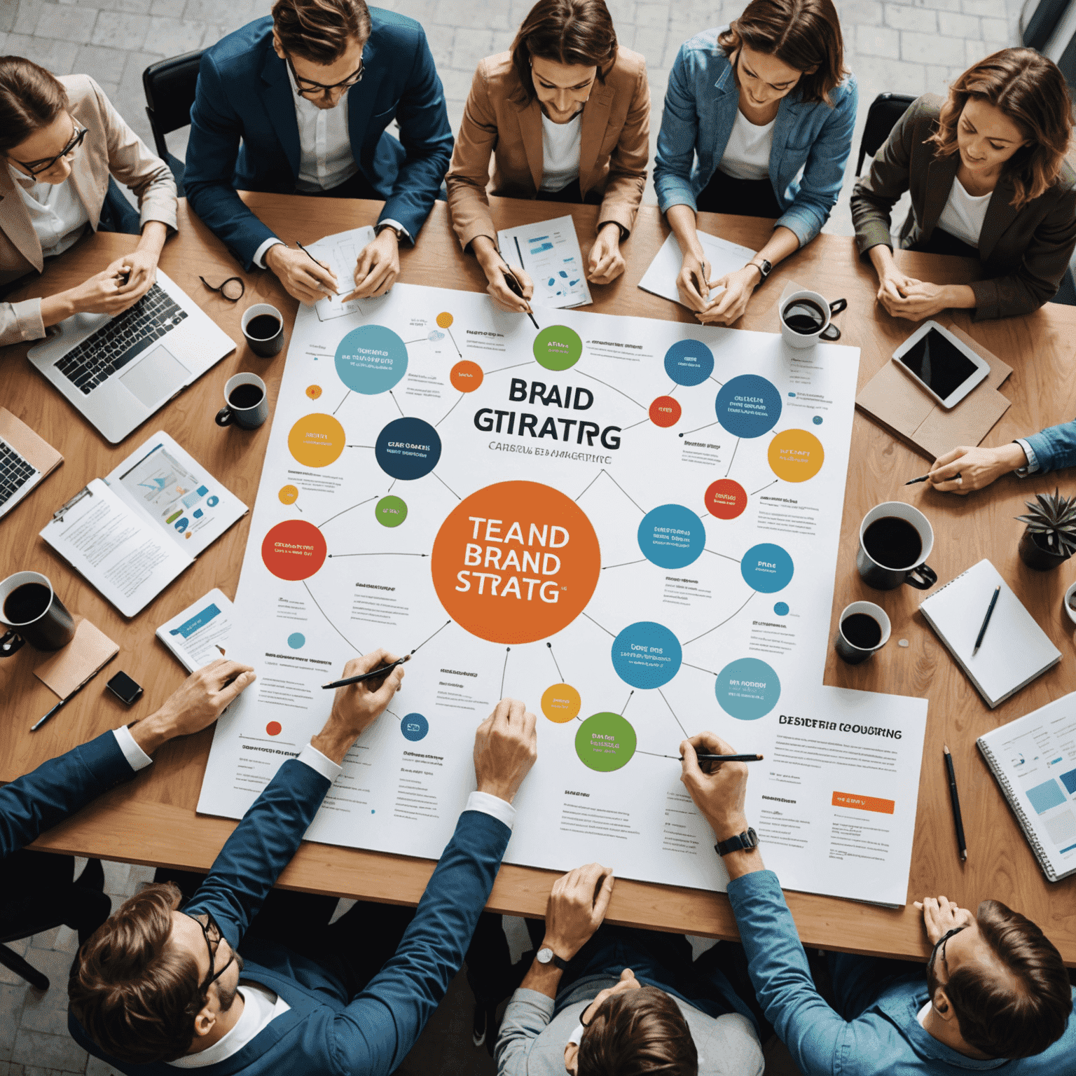 A team of designers and marketers collaborating on a brand strategy using the comprehensive brand guidelines
