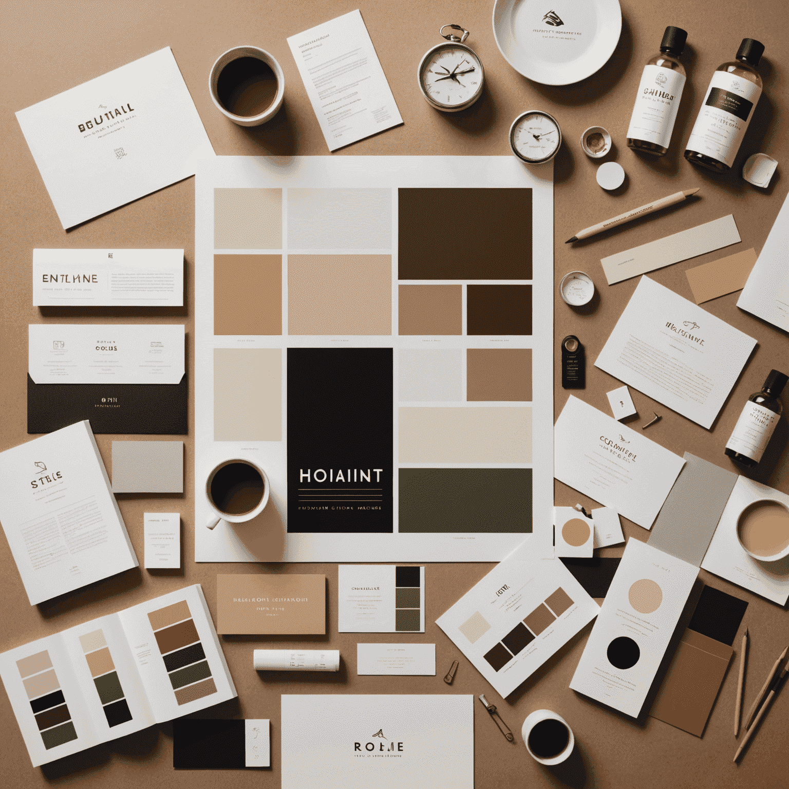 A collage of various design elements including color swatches, typography samples, and graphic elements, showcasing a complete visual identity package