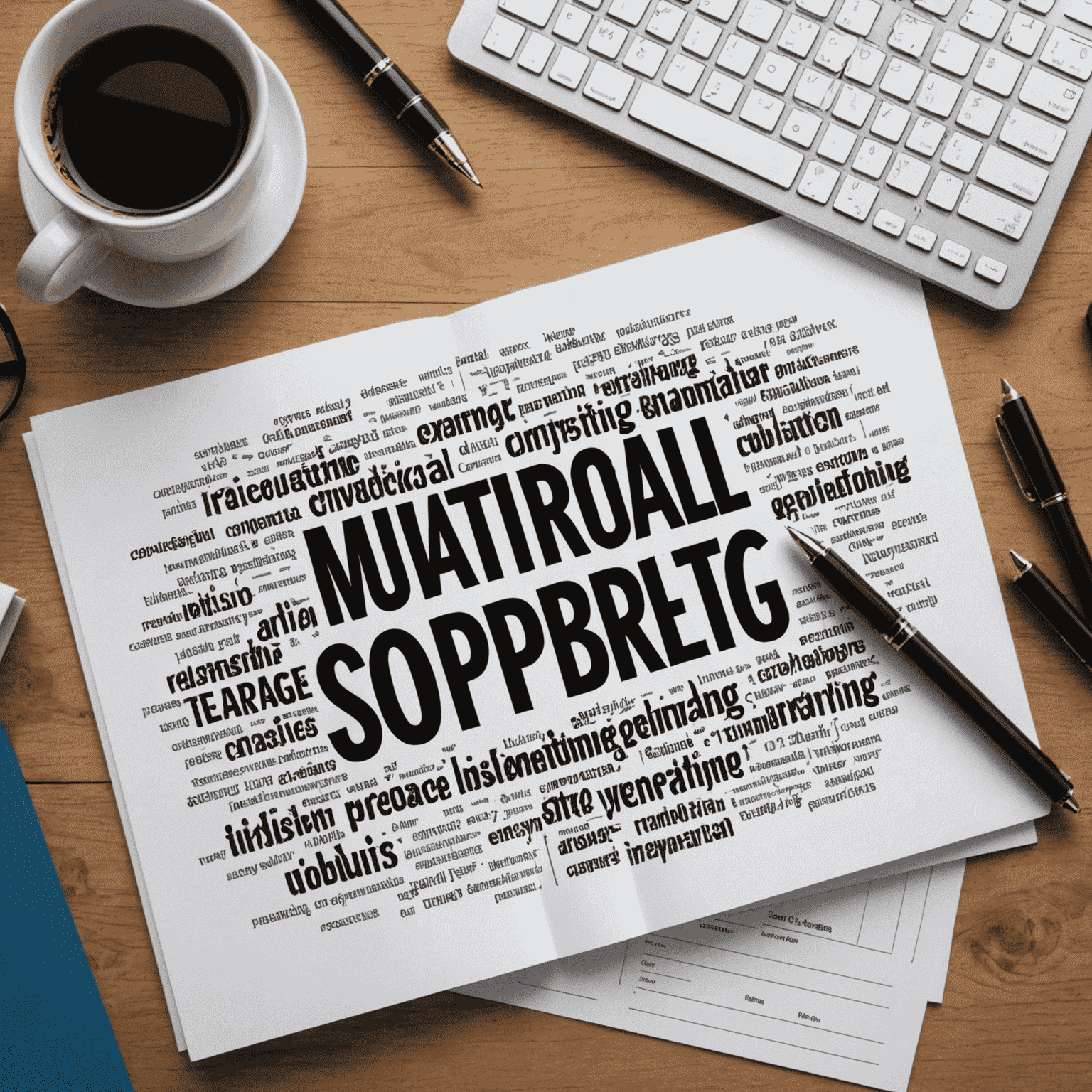 A pen writing compelling brand messages on paper, surrounded by word clouds and marketing materials, illustrating the copywriting process