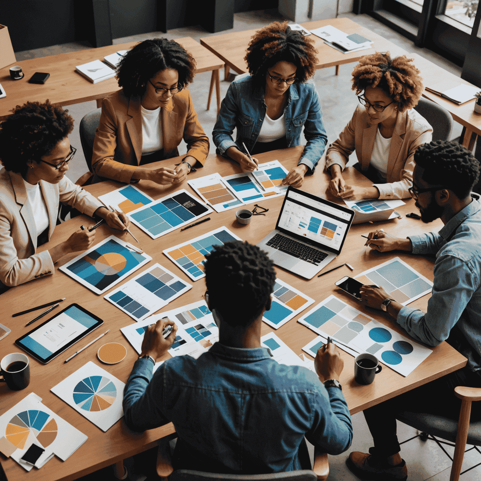 Diverse group of branding professionals in a creative meeting, surrounded by mood boards, color swatches, and digital devices displaying brand concepts
